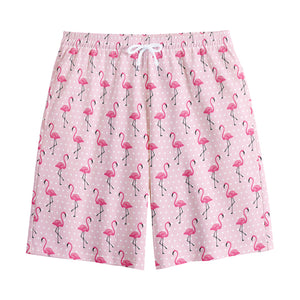 Pink Polka Dot Flamingo Pattern Print Cotton Shorts