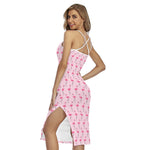 Pink Polka Dot Flamingo Pattern Print Cross Back Cami Dress