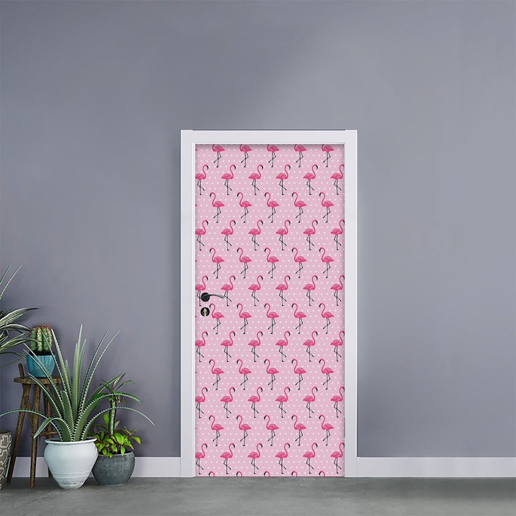 Pink Polka Dot Flamingo Pattern Print Door Sticker