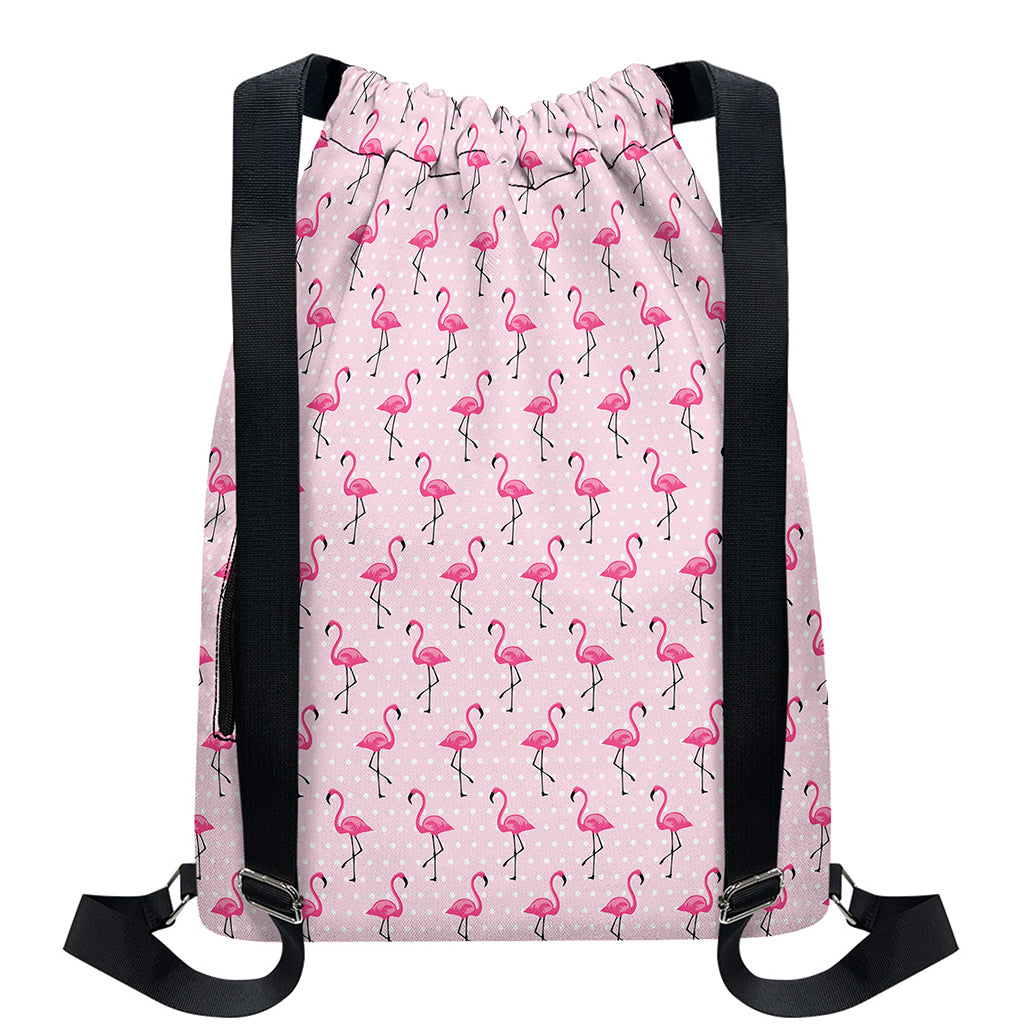 Pink Polka Dot Flamingo Pattern Print Drawstring Backpack
