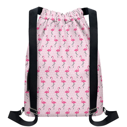 Pink Polka Dot Flamingo Pattern Print Drawstring Backpack