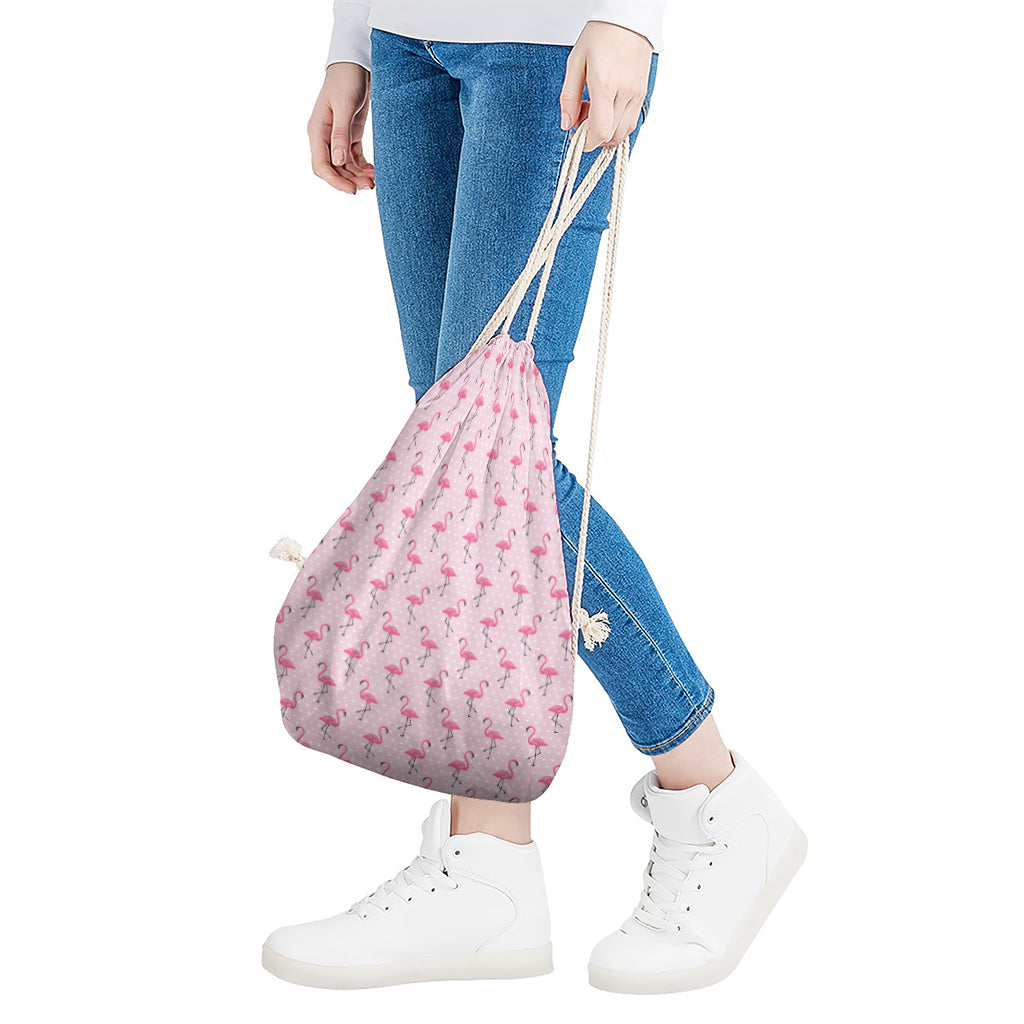 Pink Polka Dot Flamingo Pattern Print Drawstring Bag