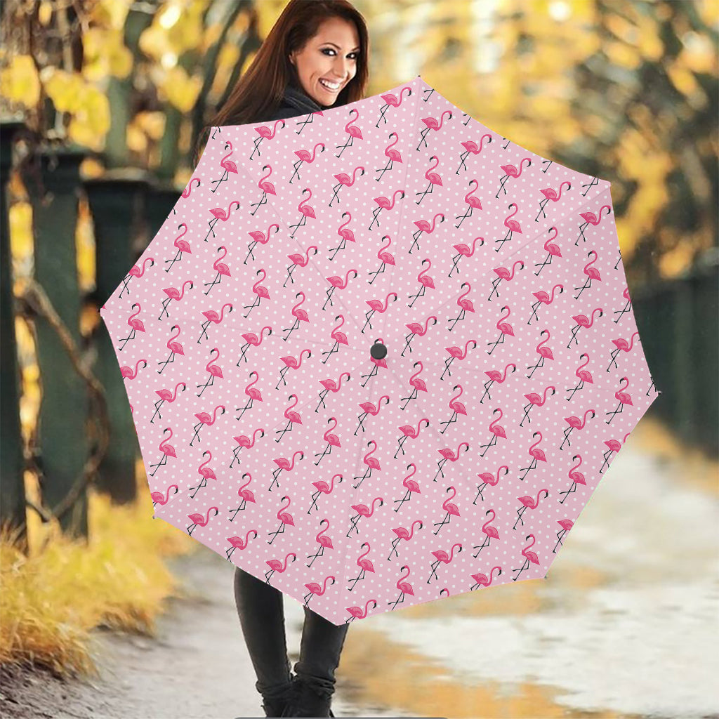 Pink Polka Dot Flamingo Pattern Print Foldable Umbrella