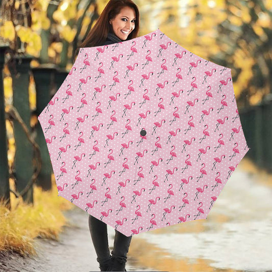 Pink Polka Dot Flamingo Pattern Print Foldable Umbrella