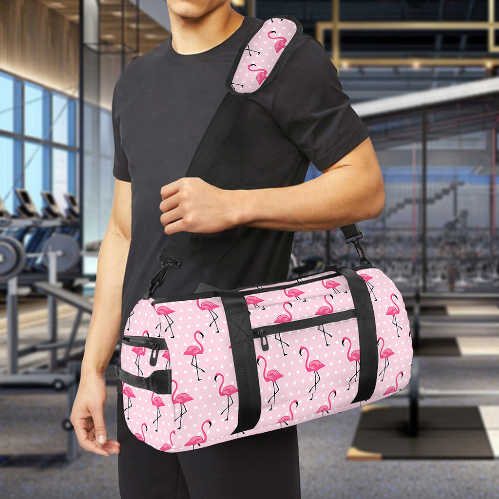 Pink Polka Dot Flamingo Pattern Print Gym Bag