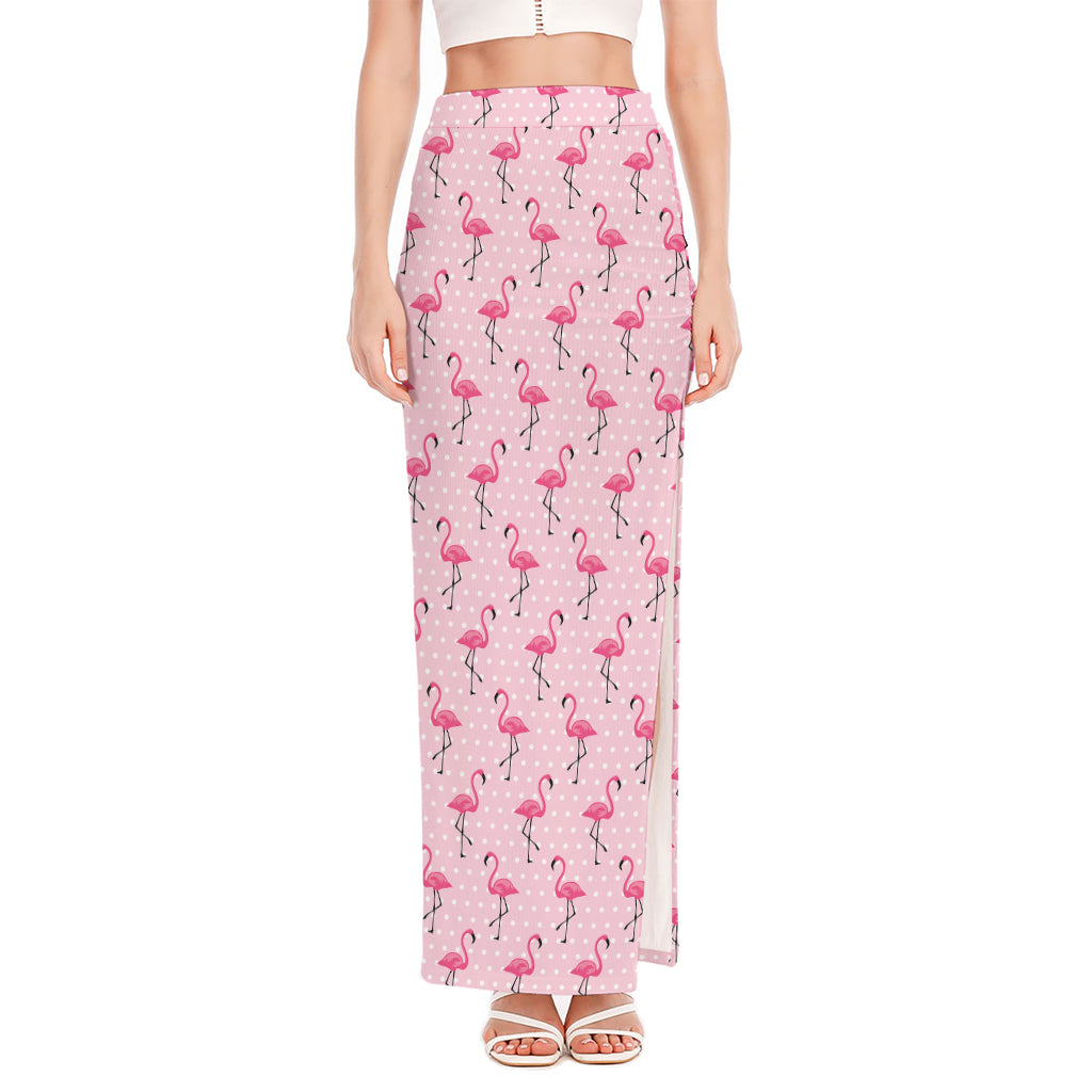 Pink Polka Dot Flamingo Pattern Print High Slit Maxi Skirt