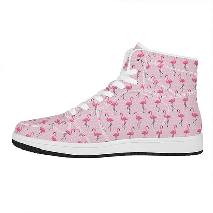Pink Polka Dot Flamingo Pattern Print High Top Leather Sneakers