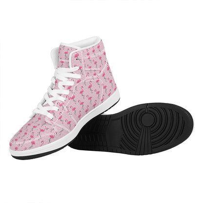 Pink Polka Dot Flamingo Pattern Print High Top Leather Sneakers