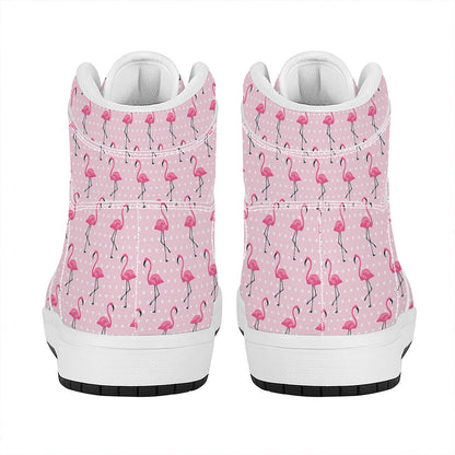 Pink Polka Dot Flamingo Pattern Print High Top Leather Sneakers