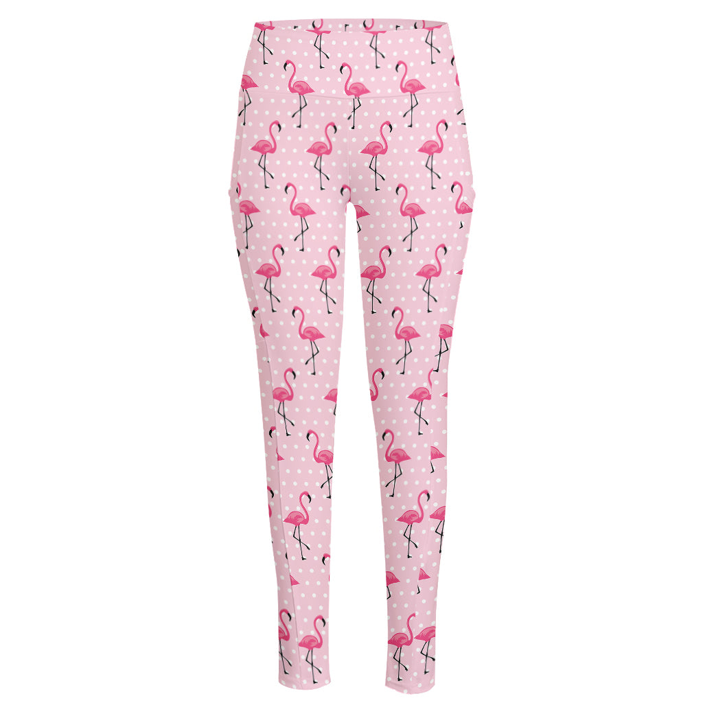 Pink Polka Dot Flamingo Pattern Print High-Waisted Pocket Leggings