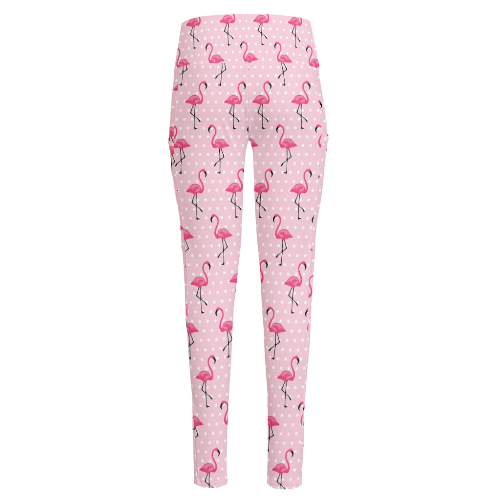 Pink Polka Dot Flamingo Pattern Print High-Waisted Pocket Leggings