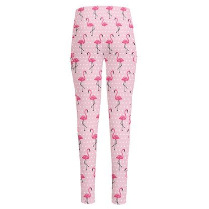 Pink Polka Dot Flamingo Pattern Print High-Waisted Pocket Leggings
