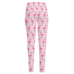 Pink Polka Dot Flamingo Pattern Print High-Waisted Pocket Leggings