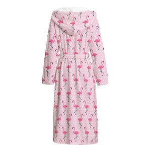 Pink Polka Dot Flamingo Pattern Print Hooded Bathrobe