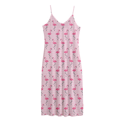 Pink Polka Dot Flamingo Pattern Print Jersey Midi Cami Dress