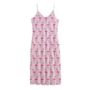 Pink Polka Dot Flamingo Pattern Print Jersey Midi Cami Dress