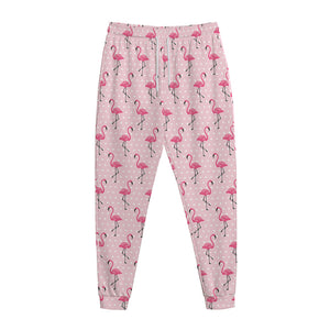 Pink Polka Dot Flamingo Pattern Print Jogger Pants