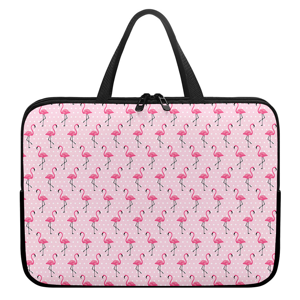 Pink Polka Dot Flamingo Pattern Print Laptop Sleeve With Handle