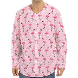 Pink Polka Dot Flamingo Pattern Print Long Sleeve Baseball Jersey