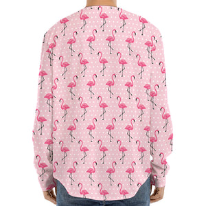 Pink Polka Dot Flamingo Pattern Print Long Sleeve Baseball Jersey