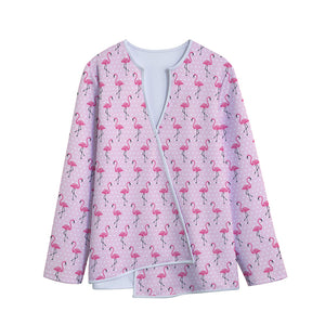 Pink Polka Dot Flamingo Pattern Print Long Sleeve Short Coat