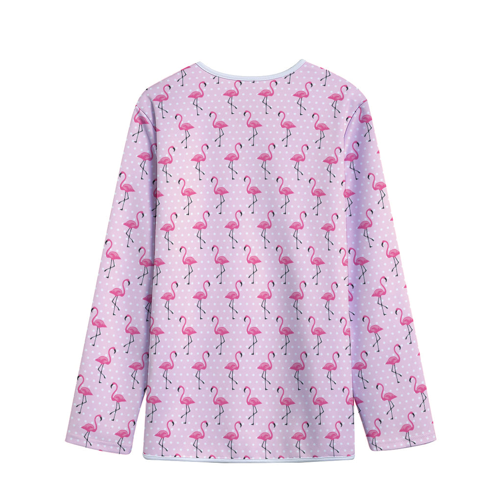 Pink Polka Dot Flamingo Pattern Print Long Sleeve Short Coat