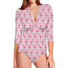 Pink Polka Dot Flamingo Pattern Print Long Sleeve Swimsuit
