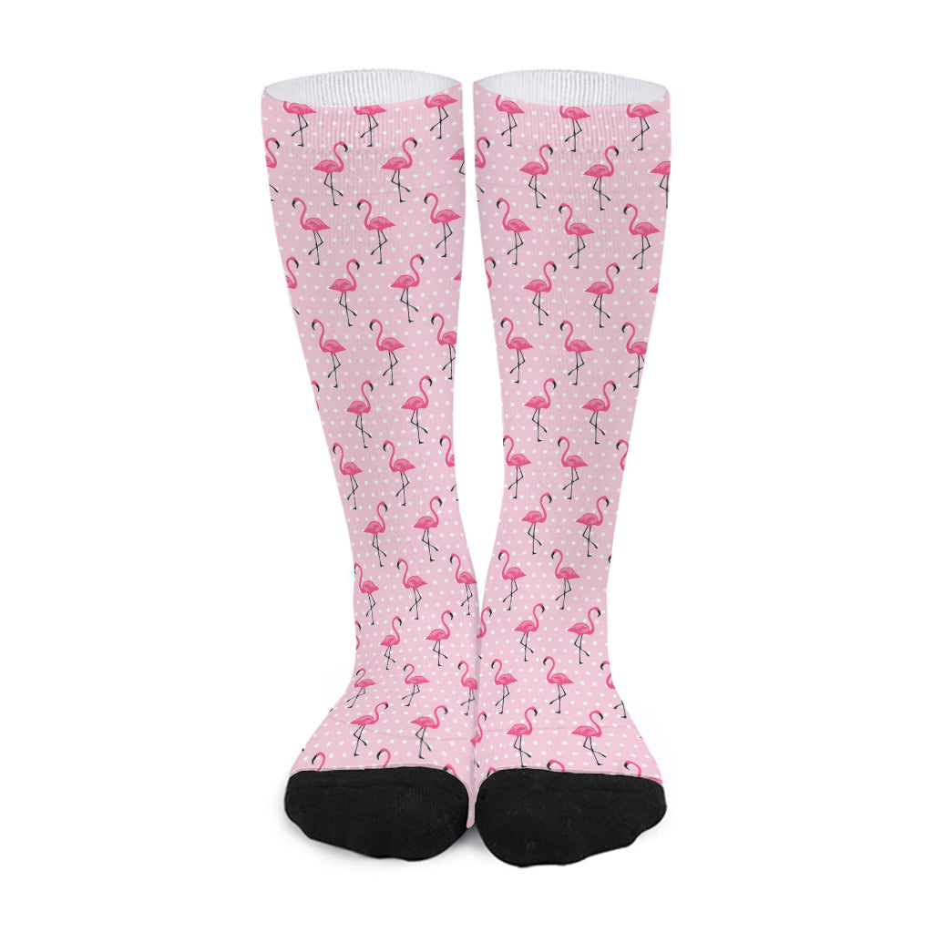 Pink Polka Dot Flamingo Pattern Print Long Socks