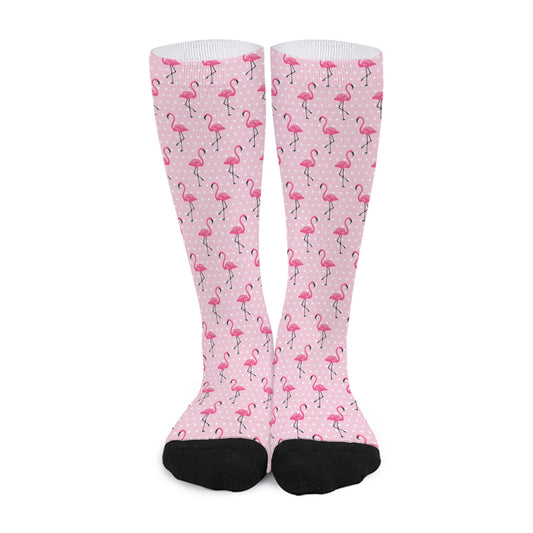 Pink Polka Dot Flamingo Pattern Print Long Socks