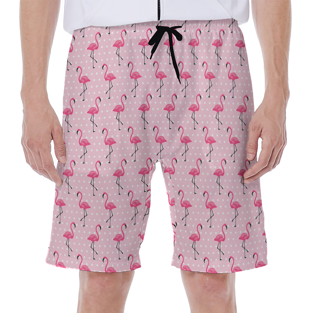 Pink Polka Dot Flamingo Pattern Print Men's Beach Shorts