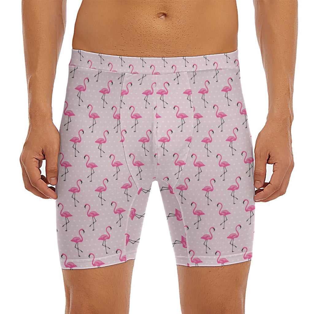 Pink Polka Dot Flamingo Pattern Print Men's Long Boxer Briefs