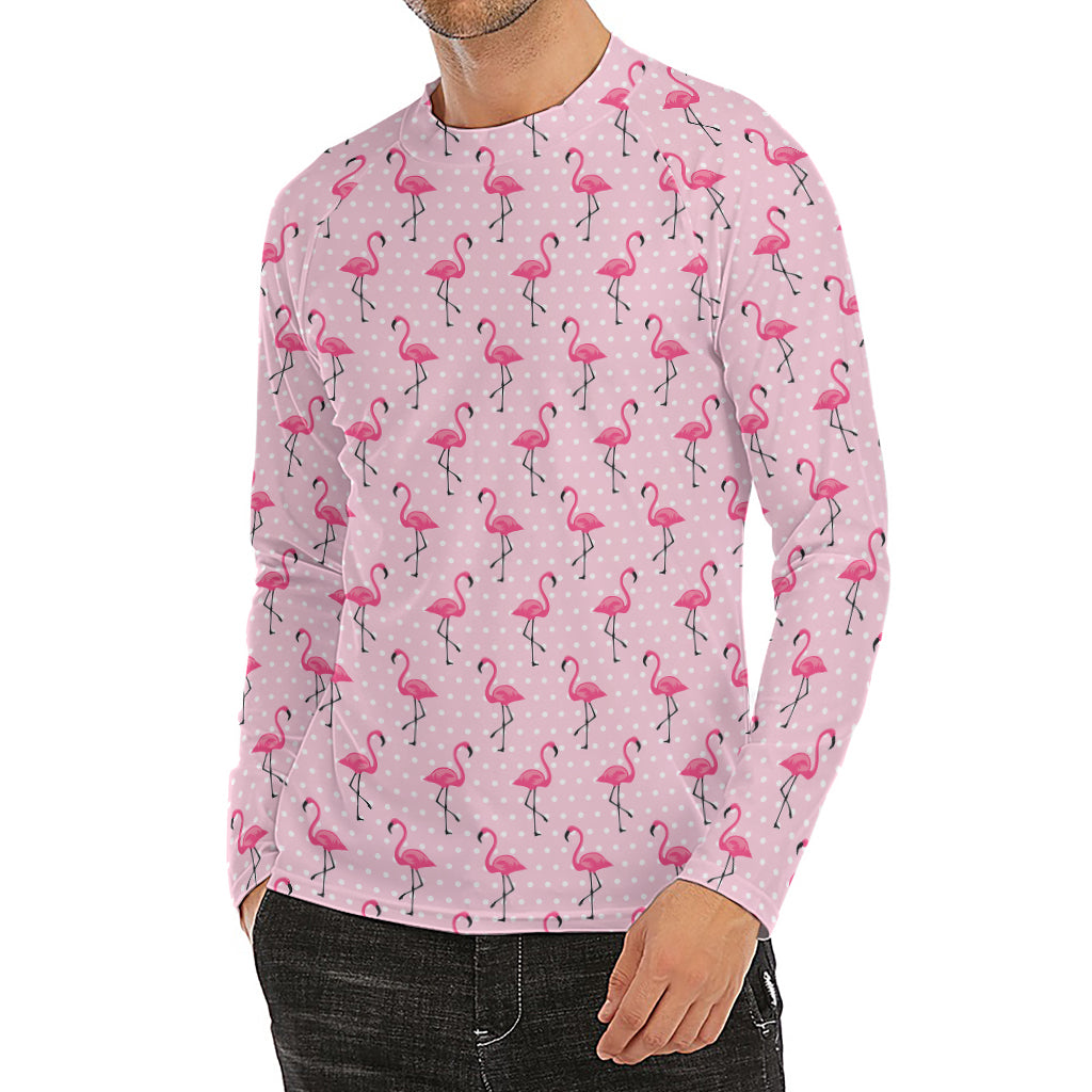 Pink Polka Dot Flamingo Pattern Print Men's Long Sleeve Rash Guard