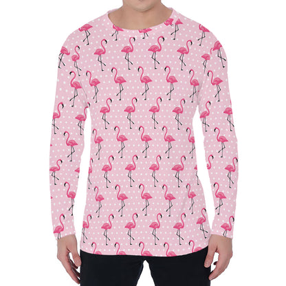 Pink Polka Dot Flamingo Pattern Print Men's Long Sleeve T-Shirt