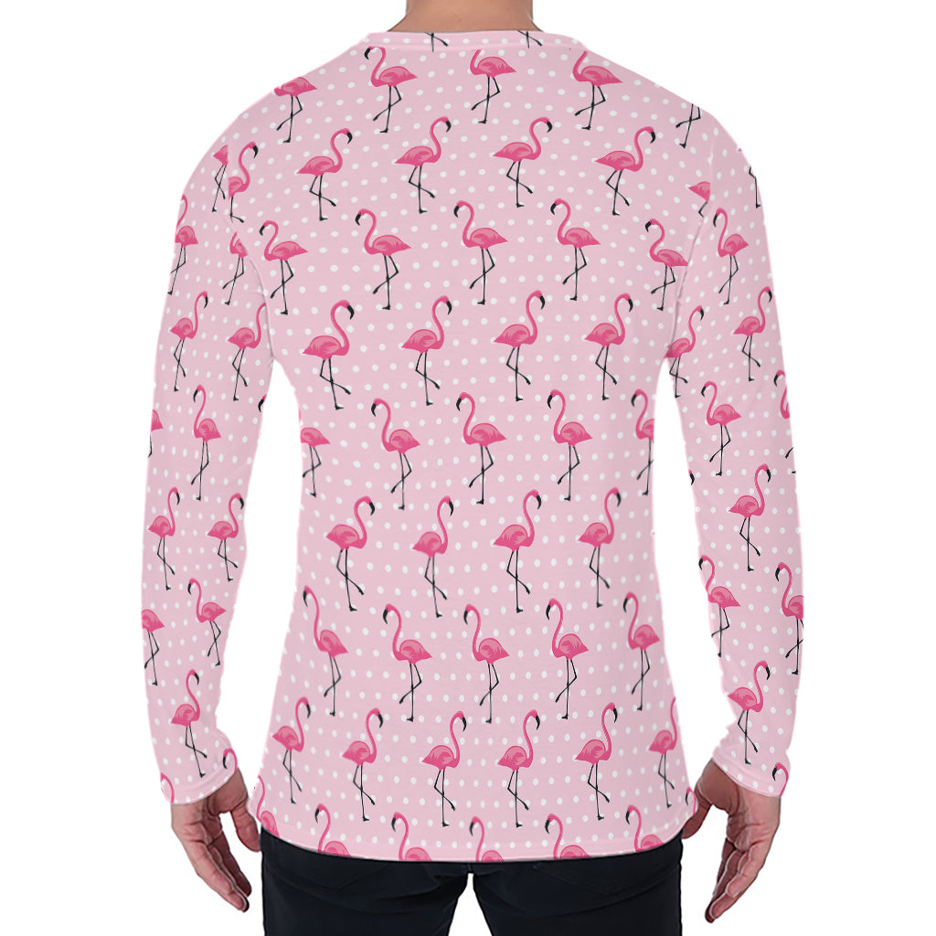 Pink Polka Dot Flamingo Pattern Print Men's Long Sleeve T-Shirt
