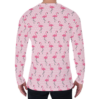 Pink Polka Dot Flamingo Pattern Print Men's Long Sleeve T-Shirt