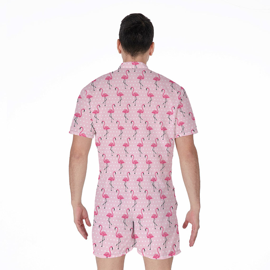 Pink Polka Dot Flamingo Pattern Print Men's Rompers
