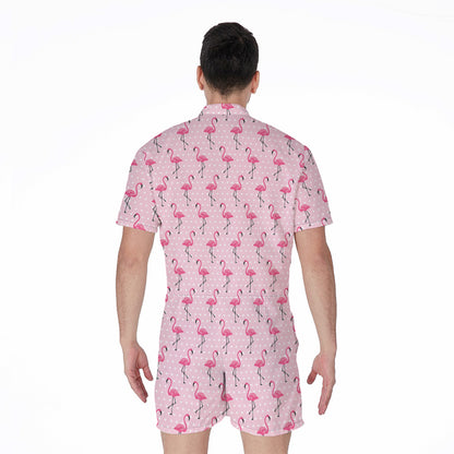 Pink Polka Dot Flamingo Pattern Print Men's Rompers