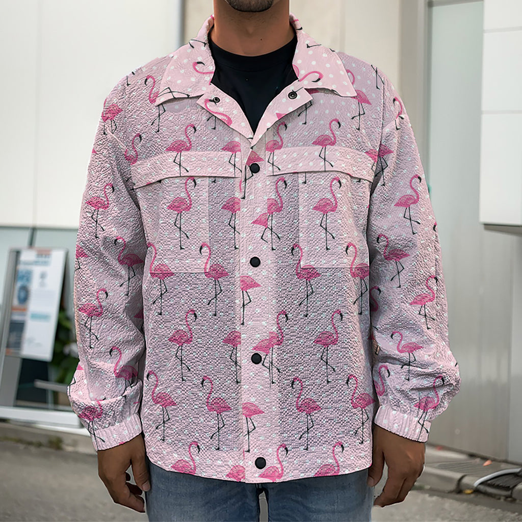 Pink Polka Dot Flamingo Pattern Print Men's Shirt Jacket