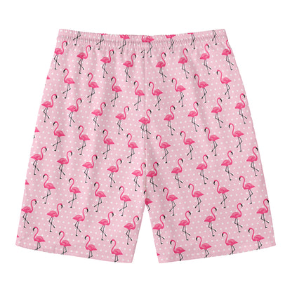 Pink Polka Dot Flamingo Pattern Print Men's Swim Trunks