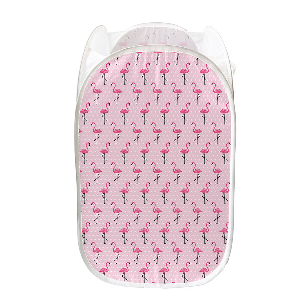 Pink Polka Dot Flamingo Pattern Print Mesh Laundry Hamper