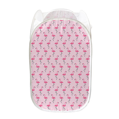 Pink Polka Dot Flamingo Pattern Print Mesh Laundry Hamper