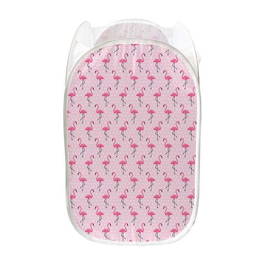 Pink Polka Dot Flamingo Pattern Print Mesh Laundry Hamper