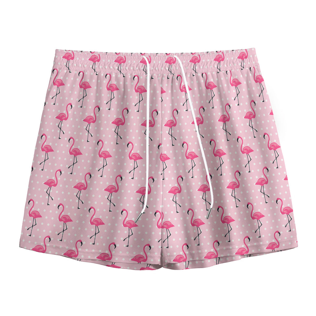 Pink Polka Dot Flamingo Pattern Print Mesh Shorts