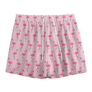 Pink Polka Dot Flamingo Pattern Print Mesh Shorts