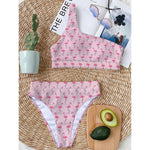 Pink Polka Dot Flamingo Pattern Print One Shoulder Bikini Top