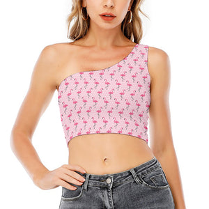 Pink Polka Dot Flamingo Pattern Print One Shoulder Crop Top