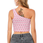 Pink Polka Dot Flamingo Pattern Print One Shoulder Crop Top