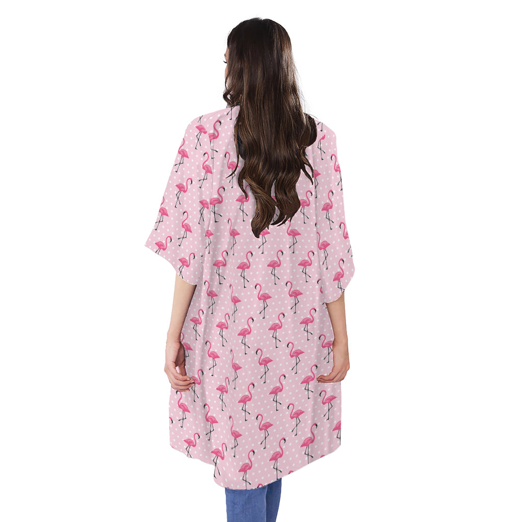 Pink Polka Dot Flamingo Pattern Print Open Front Beach Cover Up