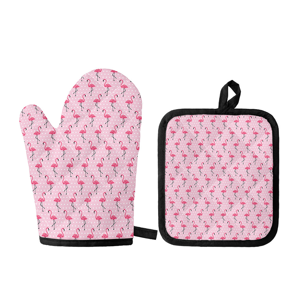 Pink Polka Dot Flamingo Pattern Print Oven Mitt And Pot Holder Set