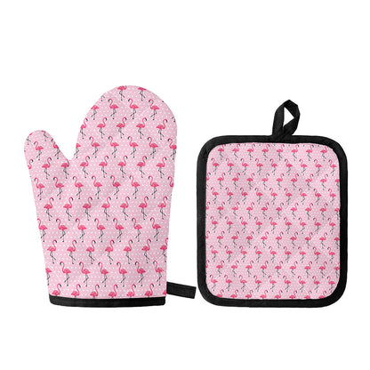Pink Polka Dot Flamingo Pattern Print Oven Mitt And Pot Holder Set
